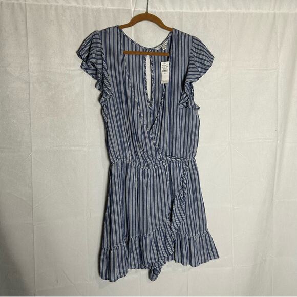 NWT American Eagle Blue & White Striped Faux Wrap V Neck Mini Dress Romper Large - Picture 6 of 7